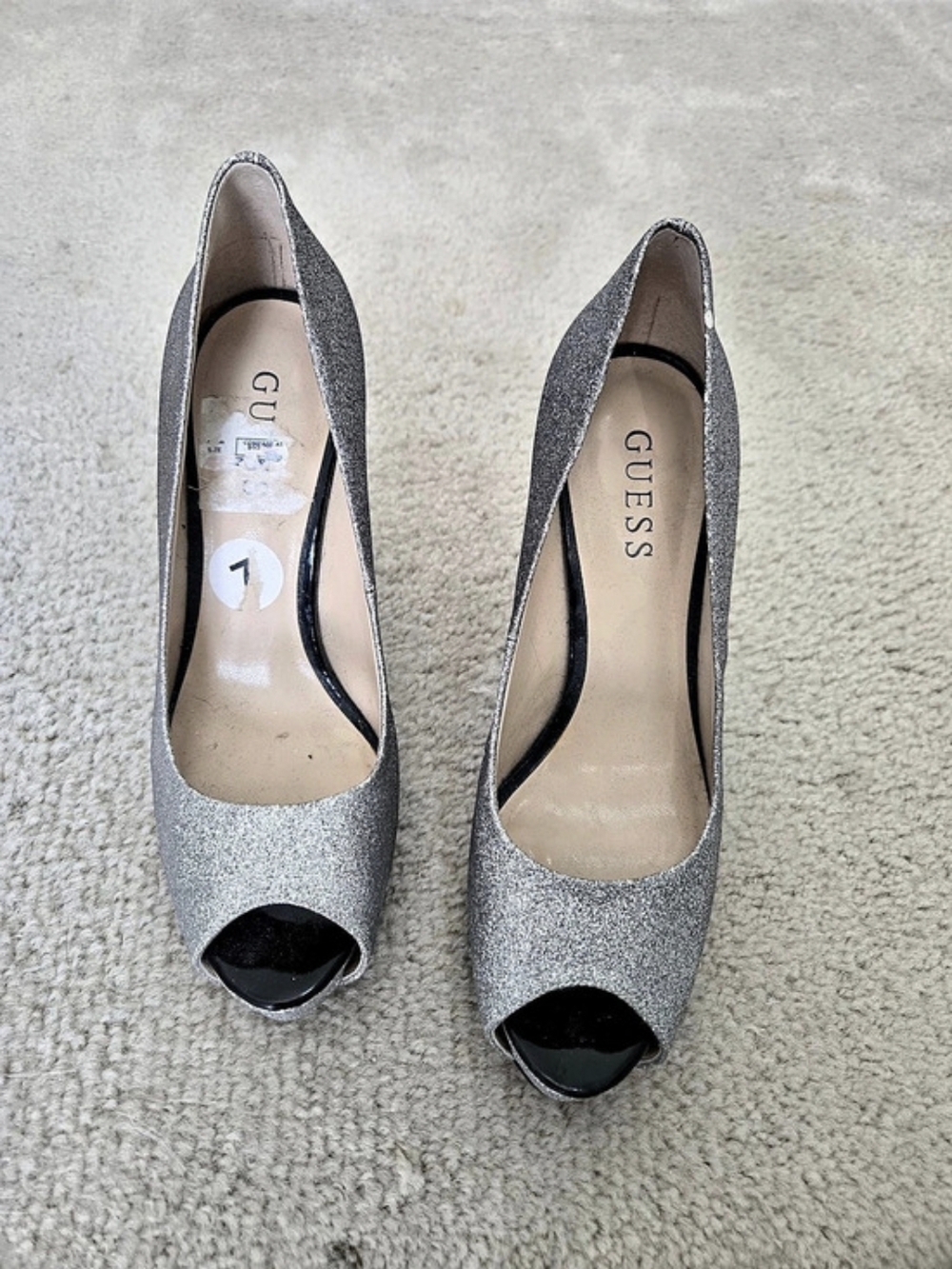 Guess Glitter Silver Peep Toe Heels NWT Size 7
